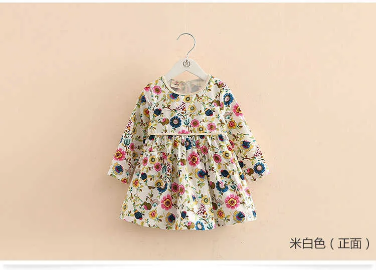  Autumn Spring 2-10 Years Sweet Cute Long Sleeve O-neck Full Flower Print Princess School Baby Kids Girl Dress With Tether (9)