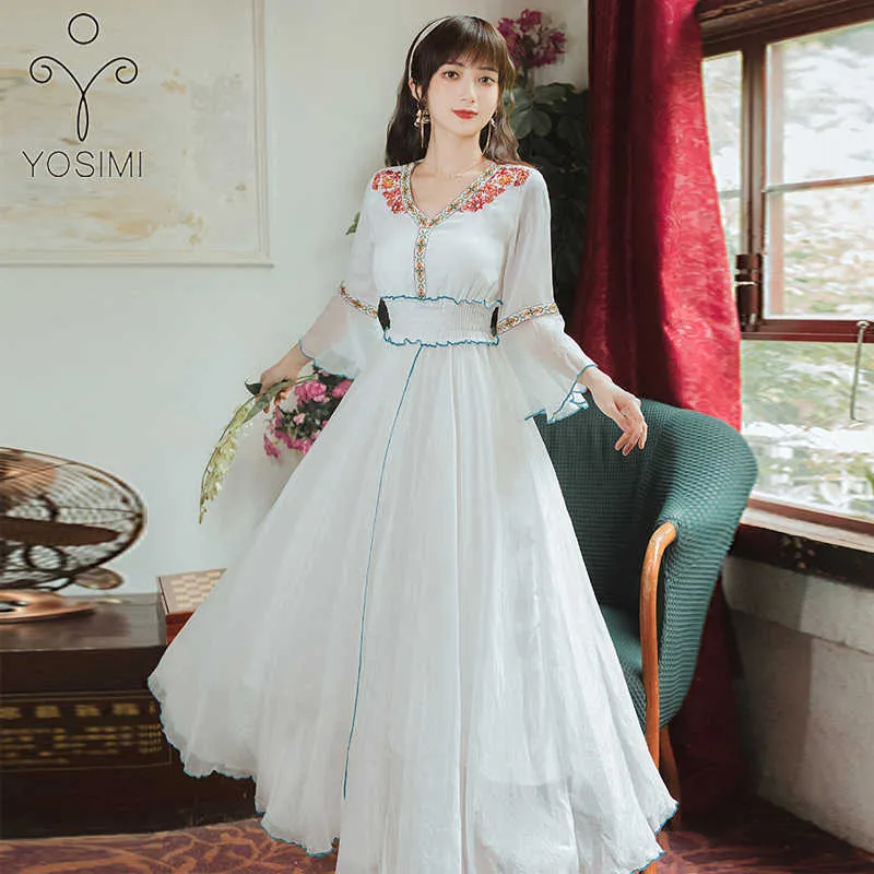 YOSIMI Summer Floral Embroidery White Chiffon Long Women Dress V-neck Mid-calf Evening Party Butterfly Sleeve Elegant 210604