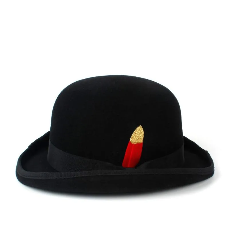 Chapeau melon noir en laine australienne pour hommes et femmes, taille 100%, pour gentleman, écrasable, Fedora papa Billycock, chapeaux de marié à large bord