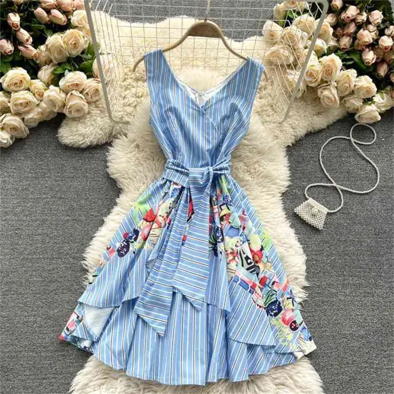 Elegant Women Striped Dress Summer Design Floral Irregluar Ruffles Sash Bow-tied A-line Vintage Short Robe Femme 210603