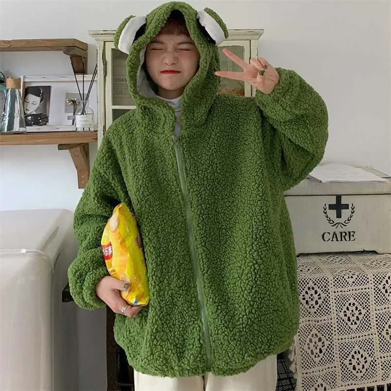 Qweek kawaii sapo hoodie mulheres cute zip up sweatshirt orelhas animais zipper pulôver estilo coreano doce verde top alt roupas 211206