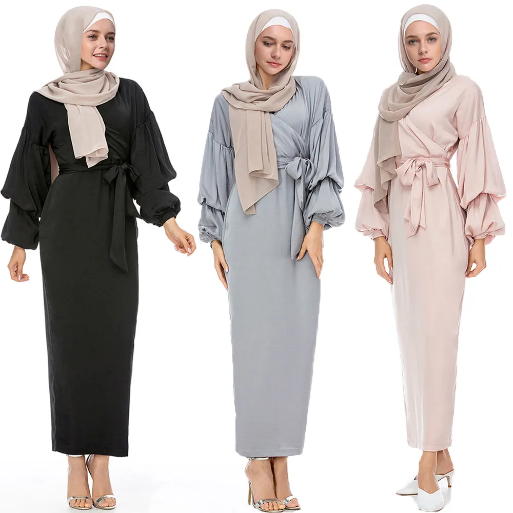 Abbigliamento etnico islamico Abito Abaya musulmano Dubai Donna Manica a sbuffo Abito slim con lacci Islam Abito hijab alla caviglia