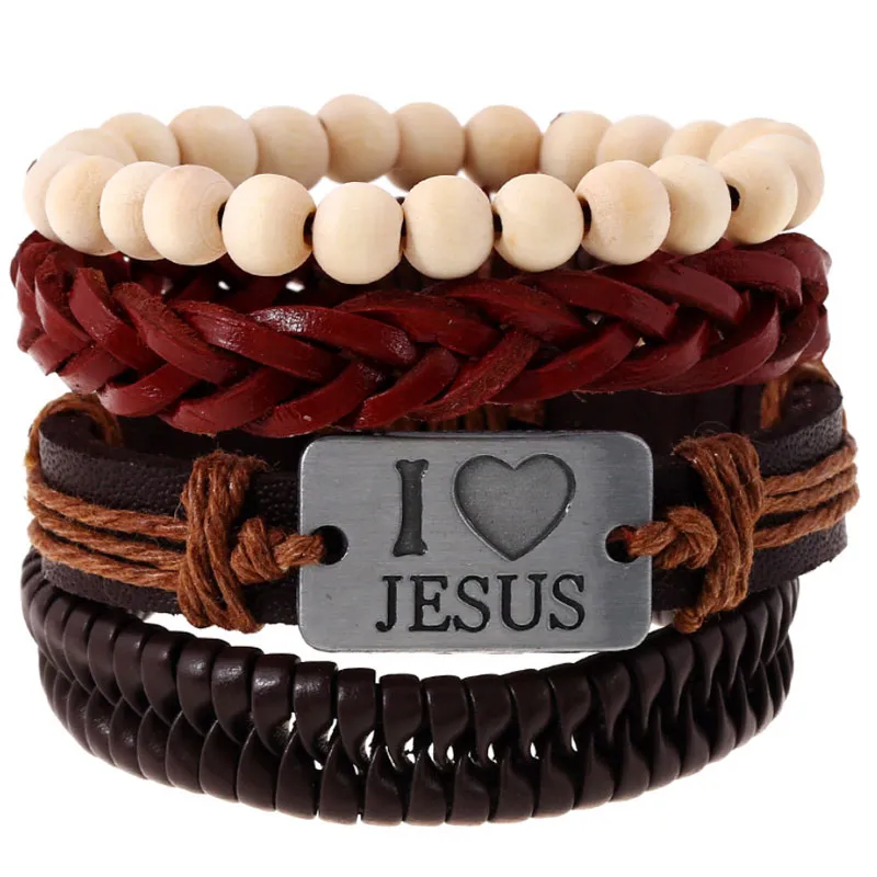 Corde en cuir fait à la main tressé réglable multicouche bracelets porte-bonheur ensemble pour hommes femmes Punk j'aime jésus bracelet bijoux de mode