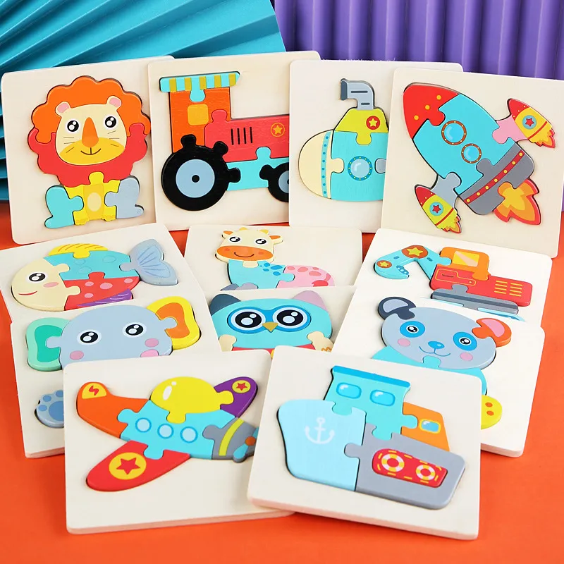 12 Style 3D Blocks Puzzles Cartoon Animals Kids Cognitive Jigsaw Puzzle Wooden Toys for Children Baby Educational Toy Games W1