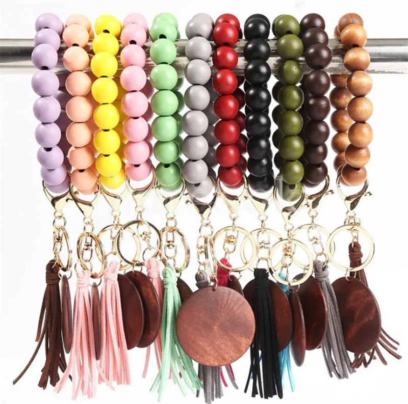 11 colors Wooden Bracelet Keychain with Tassels Keys DIY Wood Fiber Pandent Woodwooden Bead Bangle Key Decorate FashionDB803