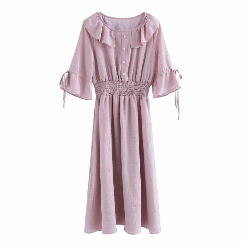 PERHAPS U Pink O Neck Plaid 3/4 Flare Sleeve Ruffle Midi Dress Button Empire Casual D0558 210529