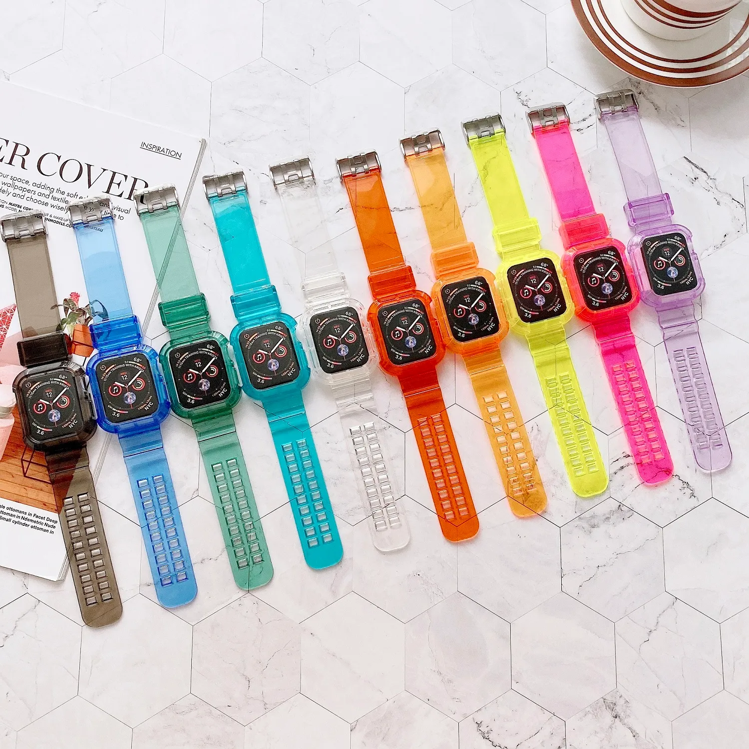 Clear Apple Watch Band Tints para iWatch Series 7 6 5 4 3 2 1 SE 2 em 1 cristal colorido com estojo para pára-choques robusto