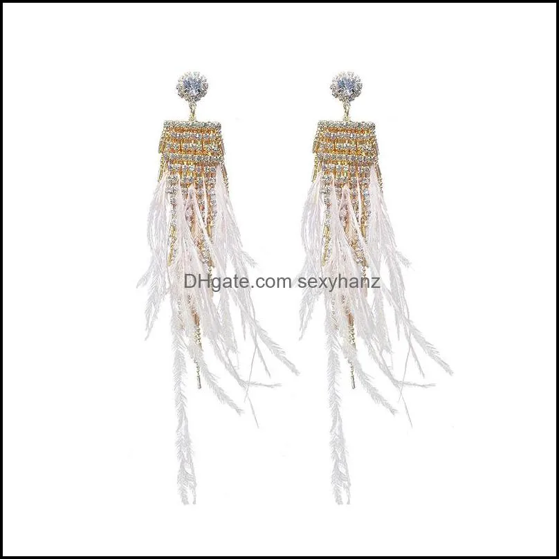 s1957 fashion jewelry s925 silver post feather earrings rhisntone feather tassel long dangle stud earrings