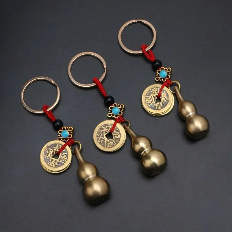 Lucky Gourd Keychain with Feng Shui Coins Brass Calabash Wu Lou Pendant Keychain X7YA G1019