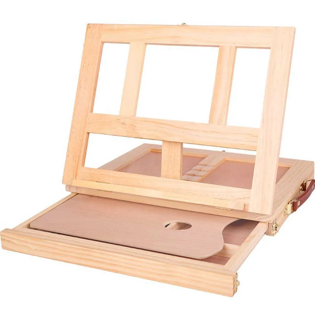 編集された木製の箱で折りたたみ式の木製の机のテーブルのイーゼル絵画アーティストを描くためのデスクトップの箱の敷地のデスクトップボックスアートの物描画210611