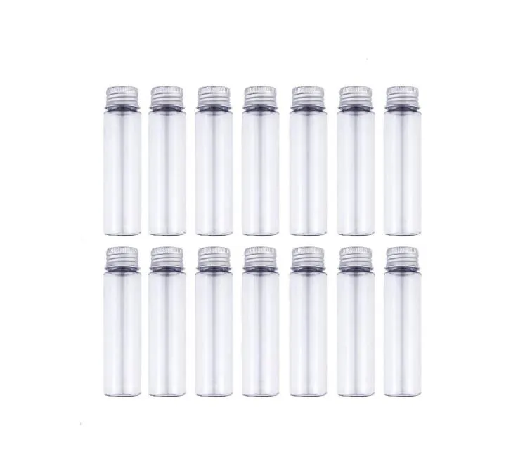 50 ml transparente flache Reagenzglasflasche aus Kunststoff mit Schraubverschlüssen aus Aluminium für Süßigkeiten, Kosmetik, Reiselotionbehälter SN5939