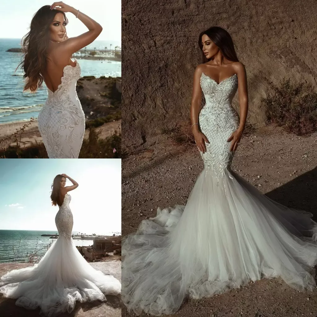 Gorgeous 2022 Lace Mermaid Wedding Dresses Strapless Neck Beaded Bridal Gowns Backless Sweep Train Sequined Appliqued Tulle Vestido De Novia