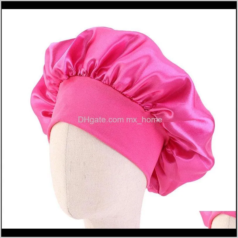 kids satin bonnet cap solid color turban bath hat girl`s wide elastic band night sleeping beanies