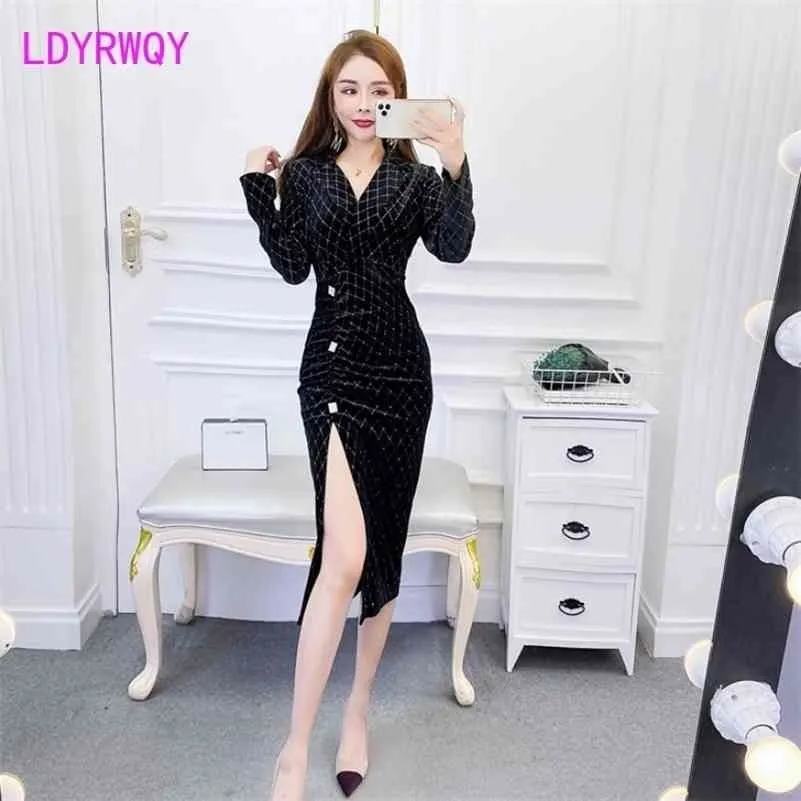 Style design dress early retro split Office Lady Polyester Sheath Knee-Length Winter 210416