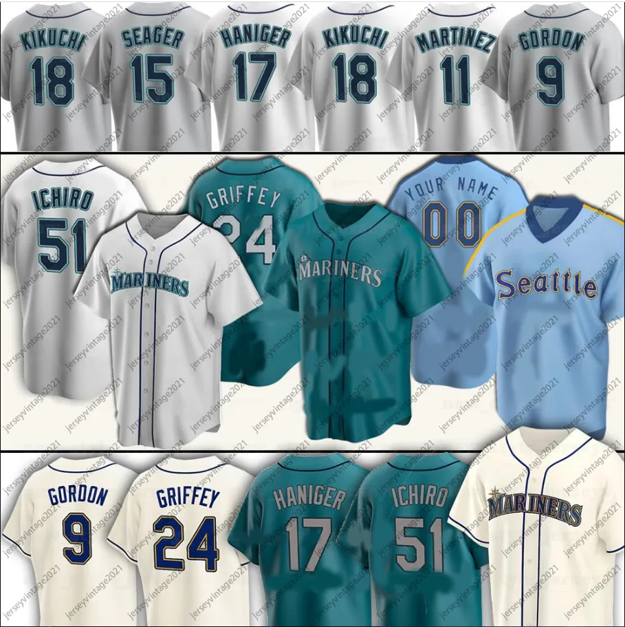 Vintage 24 Ken Griffey Jr Maglie da baseball 22 Robinson Cano 51 Ichiro Suzuki 1 Kyle Lewis 11 Edgar Martinez Seager 9 Dee Gordon 7 Marco Gonzales Dylan Moore Taglia S-3XL