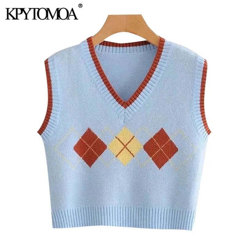 Women Sweet Fashion Argyle Patchwork Cropped Knitted Vest Sweater Sleeveless Female Waistcoat Chic Tops 210420