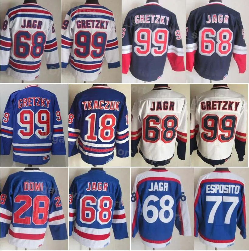 Uomo Hockey su ghiaccio Vintage Retro 77 Maglia Phil Esposito 28 Tie Domi 99 Wayne Gretzky 18 Walt Tkaczuk 68 Jaromir Jagr Stitched 75th Anniversary Navy Blue Whte YouQiBing