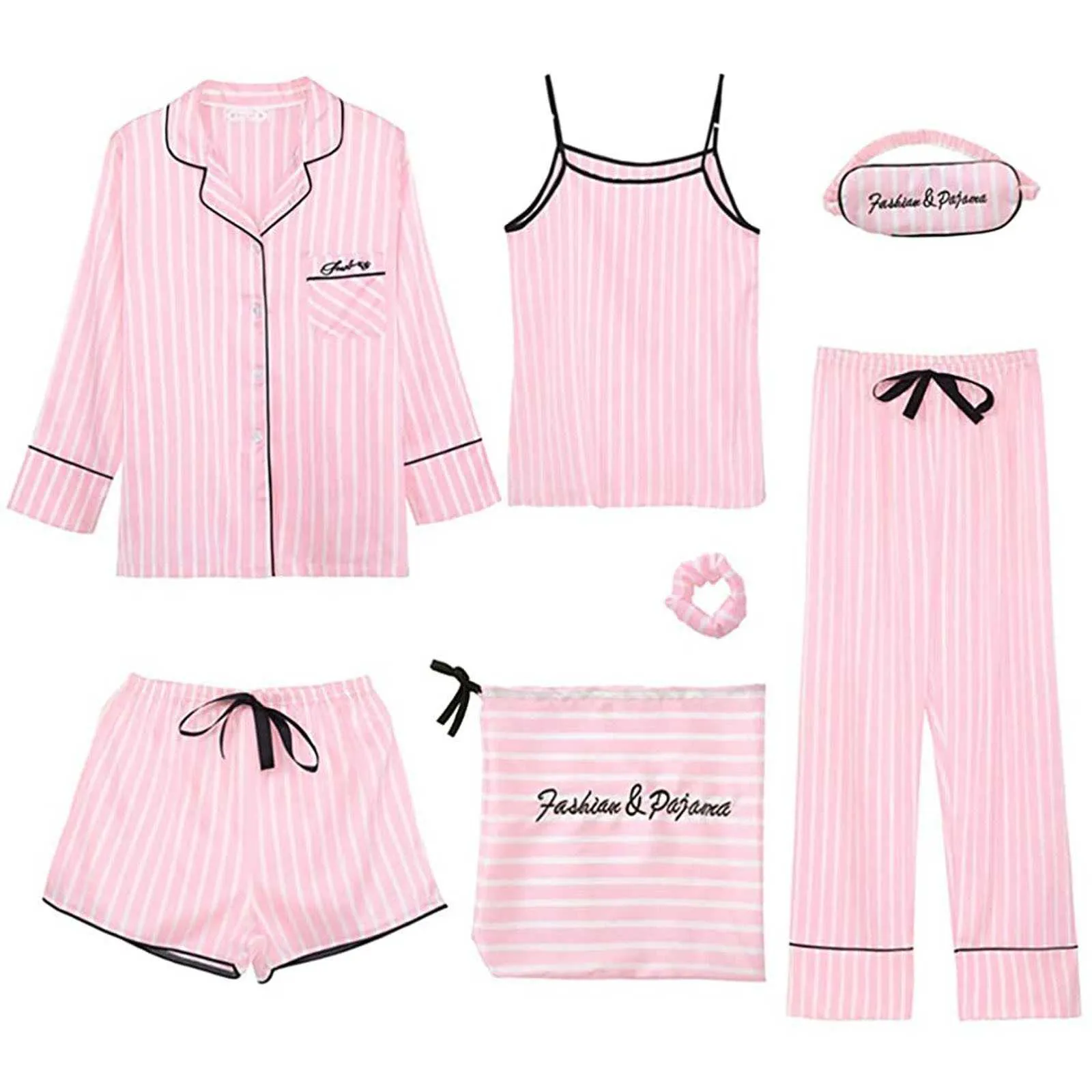 7PCs Silk Women Lingerie Camisole Print Shorts Pant Pajamas Blindfold Sleepwear Pijams Set Home Cloths For Ladie All Day pyjama Q0706