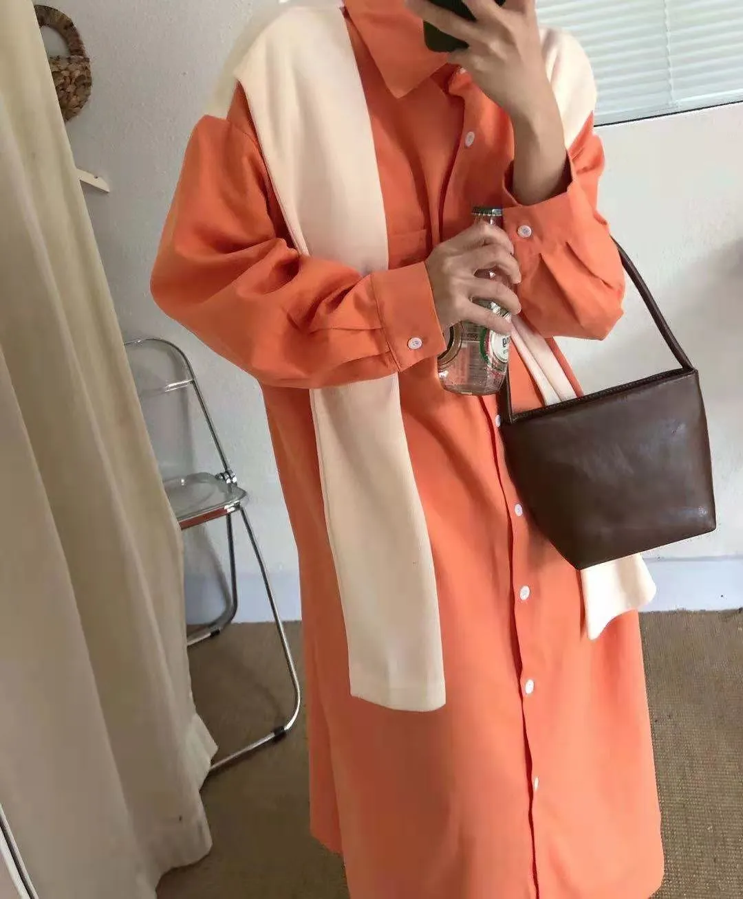 Frühling Herbst Orange Casual Kleid Hemd Koreanische Kleidung Lose Feste Farbe Langarm Schal Spleißen Vintage Maxi 210514