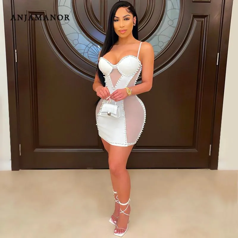 Women s Sexy Mesh Patchwork Pearl Crystal Mini Dress for Party Birthday Club Outfits White 2024