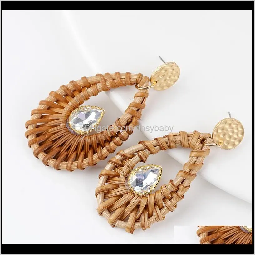 bohemia crystal wooden rattan straw weave water drop earrings for women natural handmade round rattan braid earrings gift