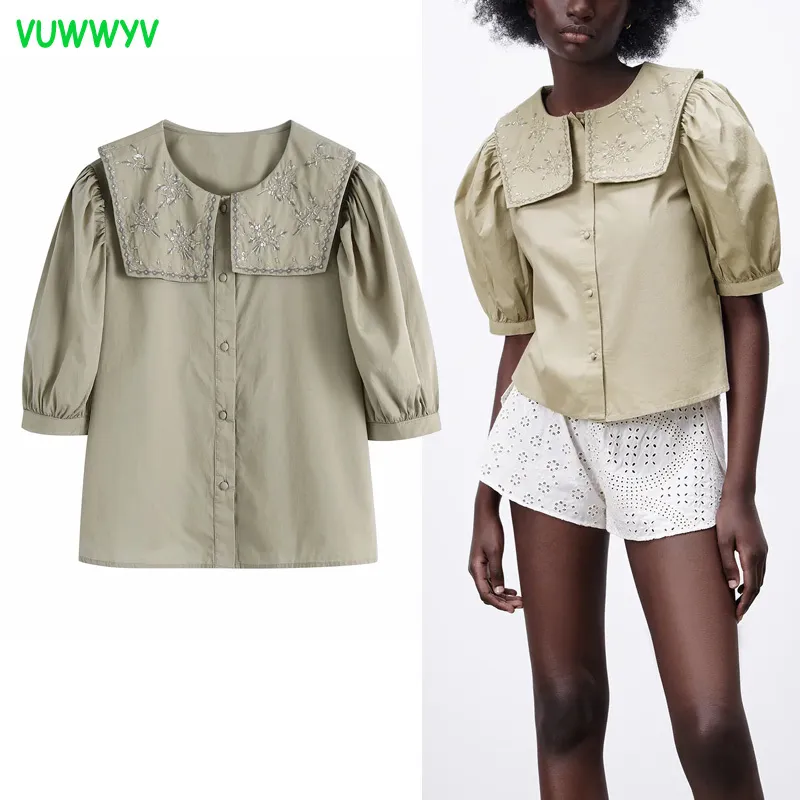 Frauen Hemden Grüne Stickerei Button Up Hemd Frau Casual Peter Pan Kragen Blusen Weibliche Kurze Puff Sleeve Sommer Tops 210430