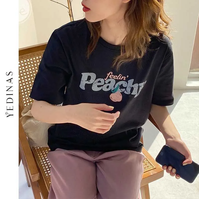 Yedinas Sweet Letter Print T-shirt da donna E Girl T-shirt casual Kawaii stile coreano Tee Summer White Top manica corta Top 210527