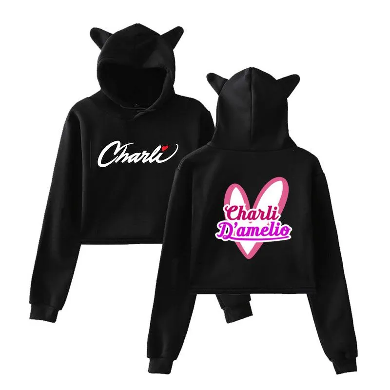 Women's Hoodies & Sweatshirts Charli DAmelio Cropped Crop Top Cat Ear Hoodie Women Pulovers D'amelio Hooded Sweatshirt Female Clothing