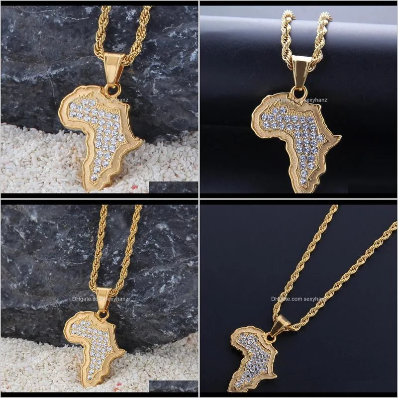 high quality african maps pendant necklaces gold plating punk set auger crystal stainless steel charm necklace twisted chain mens
