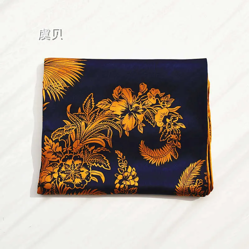 Luxury navy blue natural silk scarf with golden painting for women 100% real silk 110cm big square bandana shawl gift for lady Q0828