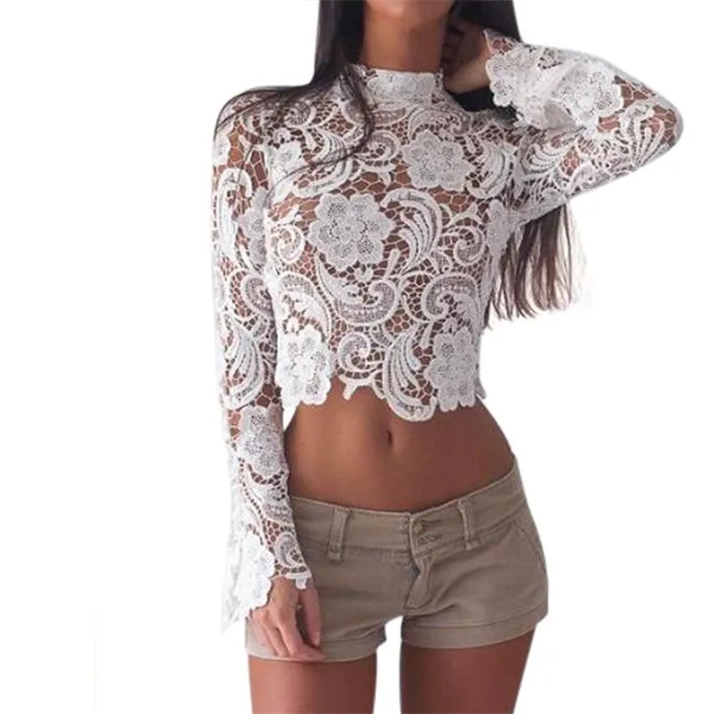 Mode Wit Haak Kant Blouses Lente Herfst Turtleneck Lange Mouw Sexy Floral Trim See Through Blusas Mujer 210517