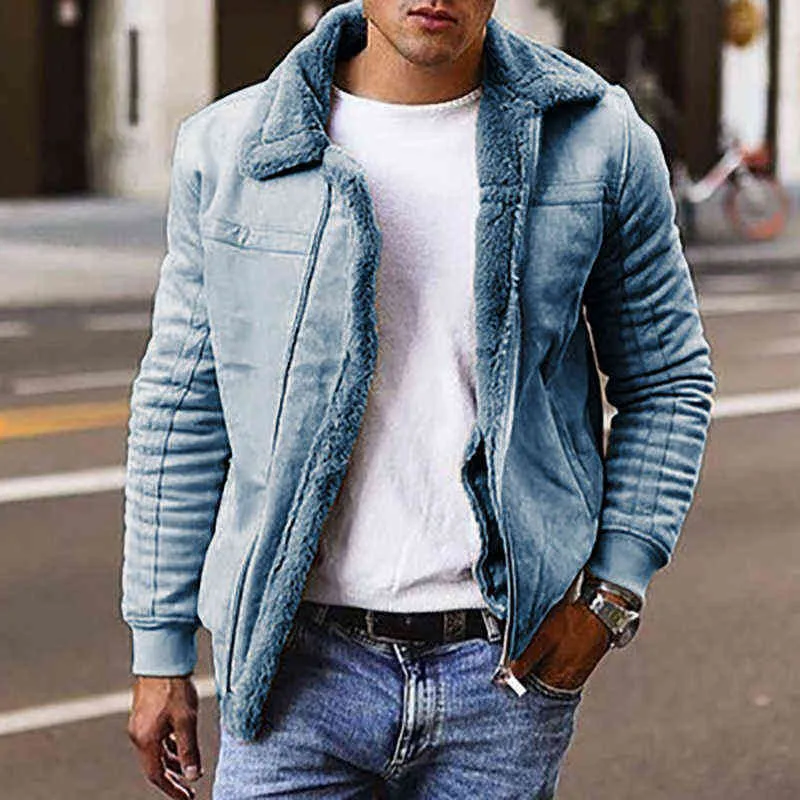 Invierno Sólido Cálido Terciopelo Manga larga Chaquetas compuestas Abrigo  Hombres Vintage Turn-Down Collar Zip-Up Abrigos Moda Hombre Streetwear