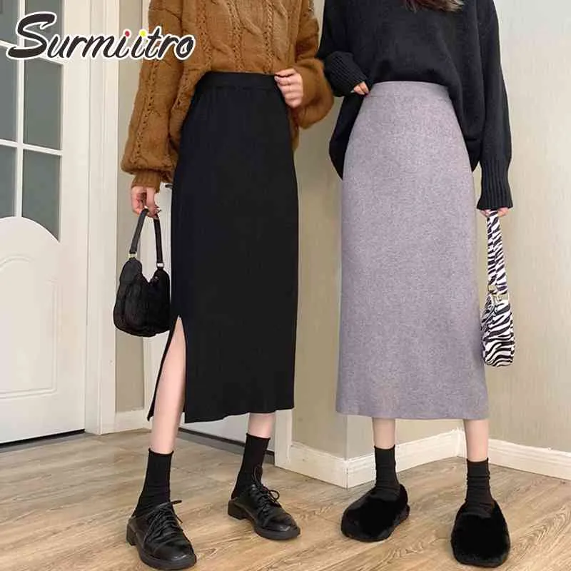 Surmiitro mode herfst winter midi lange gebreide rok vrouwen koreaanse stijl roze zwarte spleet hoge taille potlood rok vrouw 210712