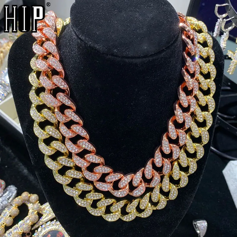 Hip Hop 1Set 20MM Gold Full Iced Out Paved Rhinestones Miami Curb Cuban Chain CZ Bling Rapper Necklaces For Men Jewelry X0509
