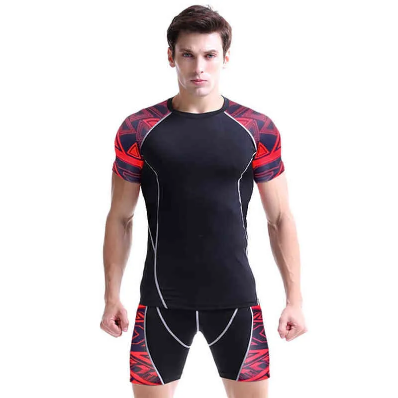 MMA Compression Sport Suit Men Sportswear Dres Krótki Rękaw Działa T Shirt Running Spodenki Garnitury Jogging Zestawy Fitness Y1221