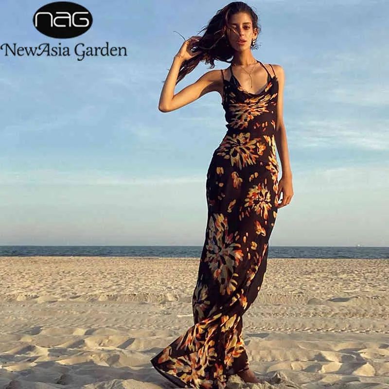 Print Backless Lace-Up Maxi Dress - NewAsia Beach bohemian party Dress for Women