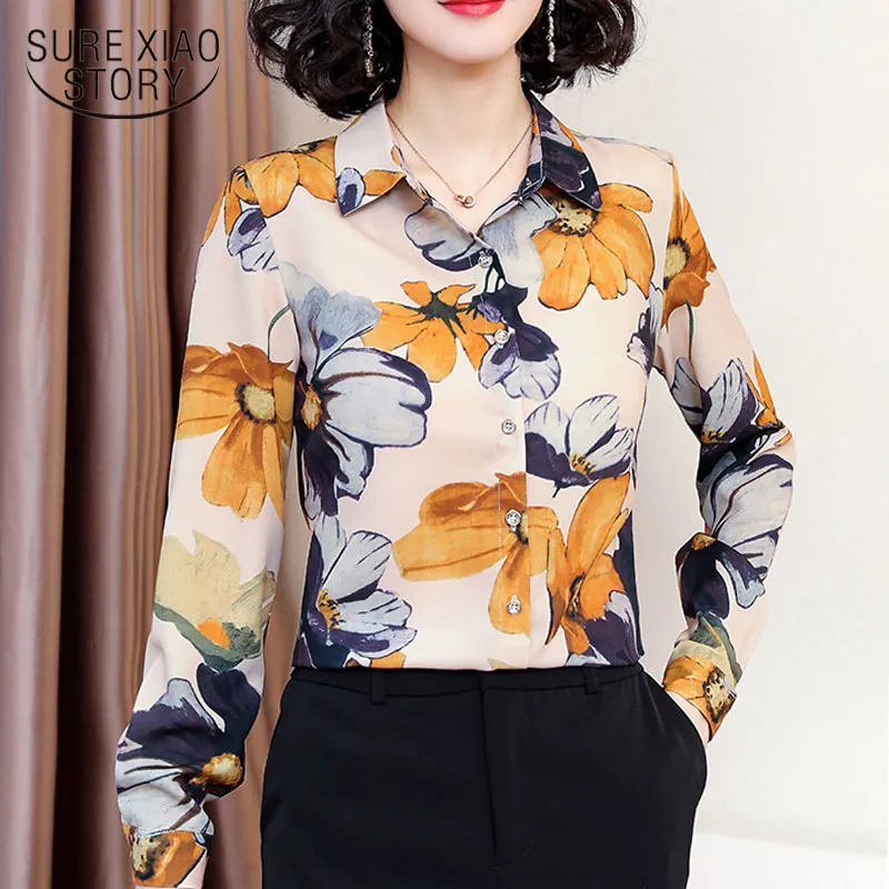 Coreano Vintage Floral Blusas Mujer de Moda Chiffon Blusa Mulheres Quadrado Collar Tops Plus Size 3XL Senhoras 8111 50 210510