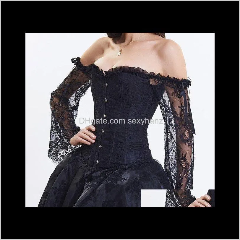 black and white floral lace flare sleeve victorian sexy korsett for women steampunk clothing gothic corset top bustier vintage 2edl#