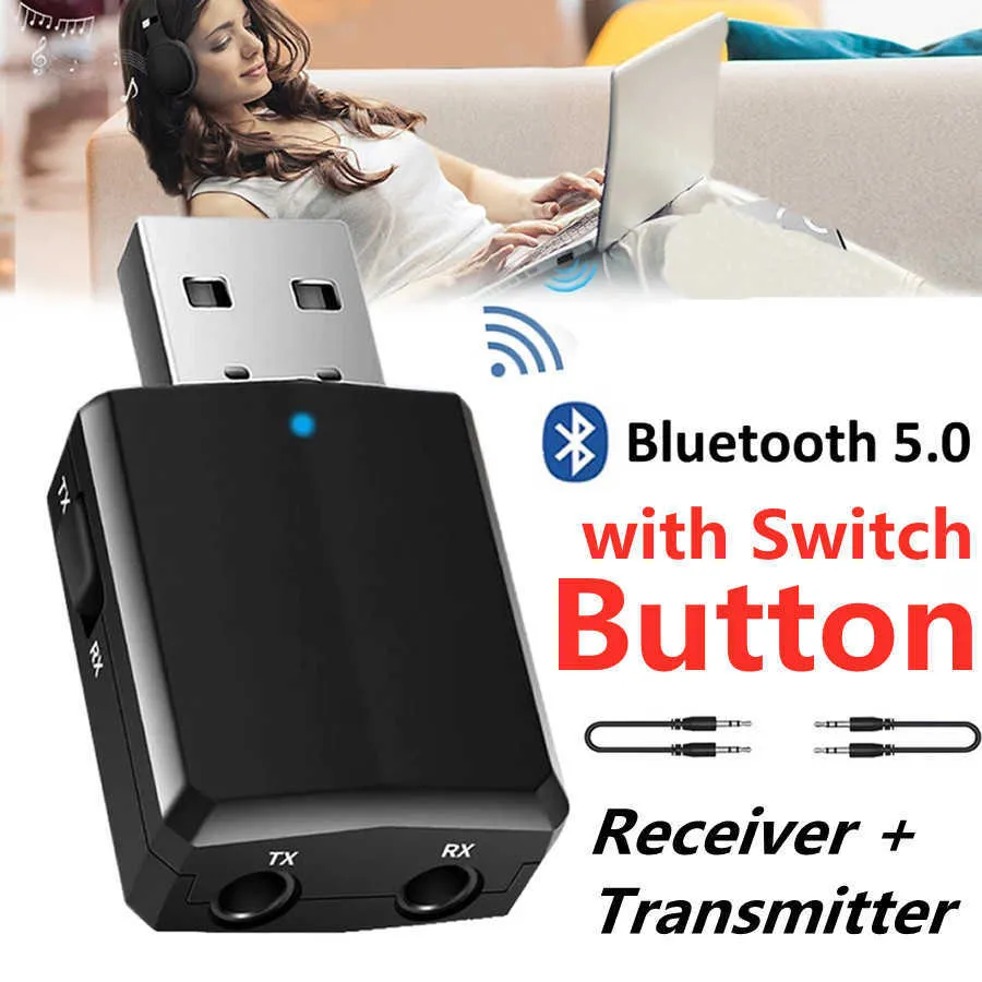 USB Bluetooth 5.0 Sändarmottagare 3 i 1 EDR Wireless Adapter Dongle 3,5 mm aux för TV PC -hörlurar Hem Stereobil Audio