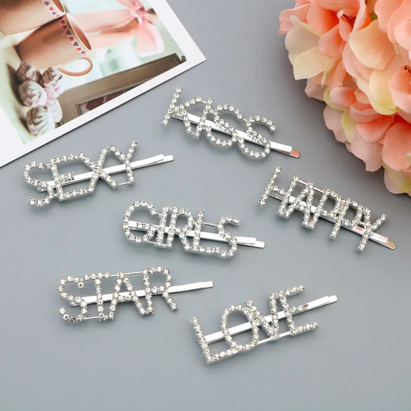 Party favör 15 stilar Silver Gold Letter Word Rhinestone Crystal Hairpin Clip Grip Pin Barrette Ornament Hair Tillbehör DH9799