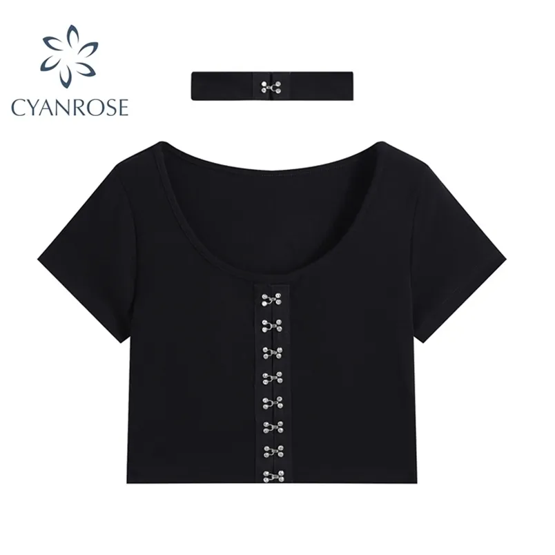 Gothic Punk Metal Buttons Black Crop Tops Women T Shirt Summer Streetwear Basic Tees Sexy Harajuku O Neck Clothing 210515