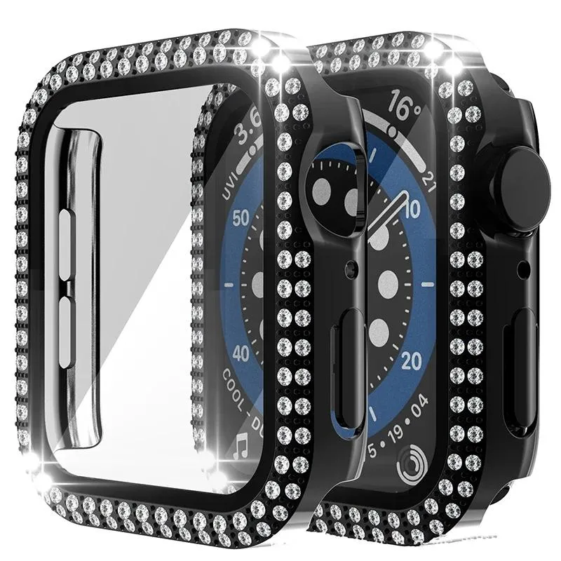 شاهد العلبة مع غطاء زجاجي مقسى مناسب لـ Apple Watch Presction Pumper Protector Shell Shell PC Shell Iwatch Double Diamond