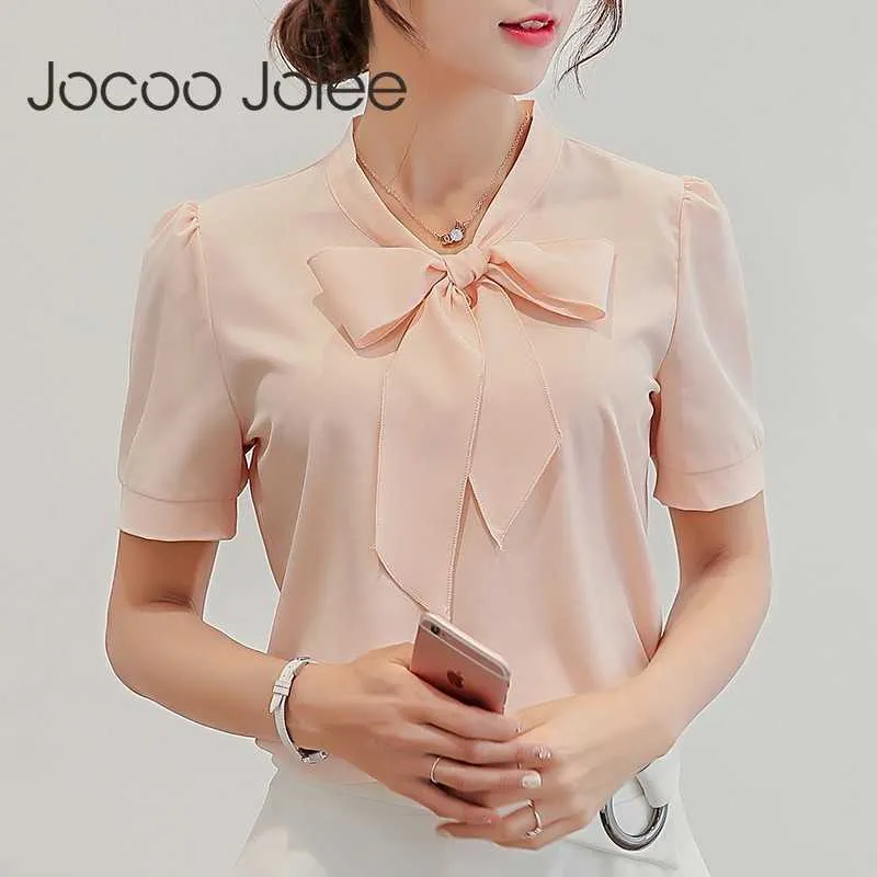 Jocoo Jolee Women Summer Chiffon Blus Short Sleeve Shirts Fashion Office Ladies Leisure Bow Blouse Causal Tops 210619