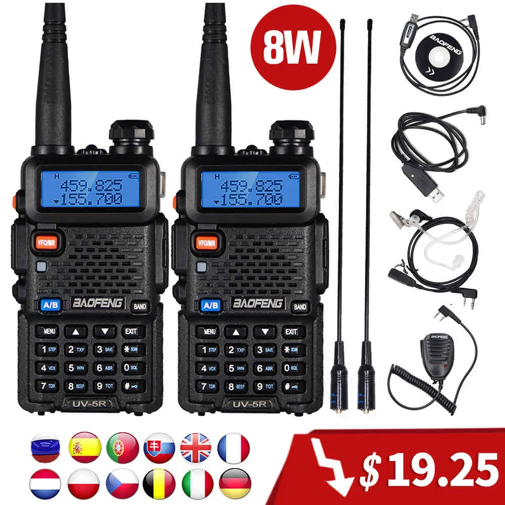 2PCS 8W BAOFENG UV 5R Walkie Talkie UV-5R High Power Tvåvägs Portable Dual Band FM Transceiver UV5R Amateur Ham CB Radio