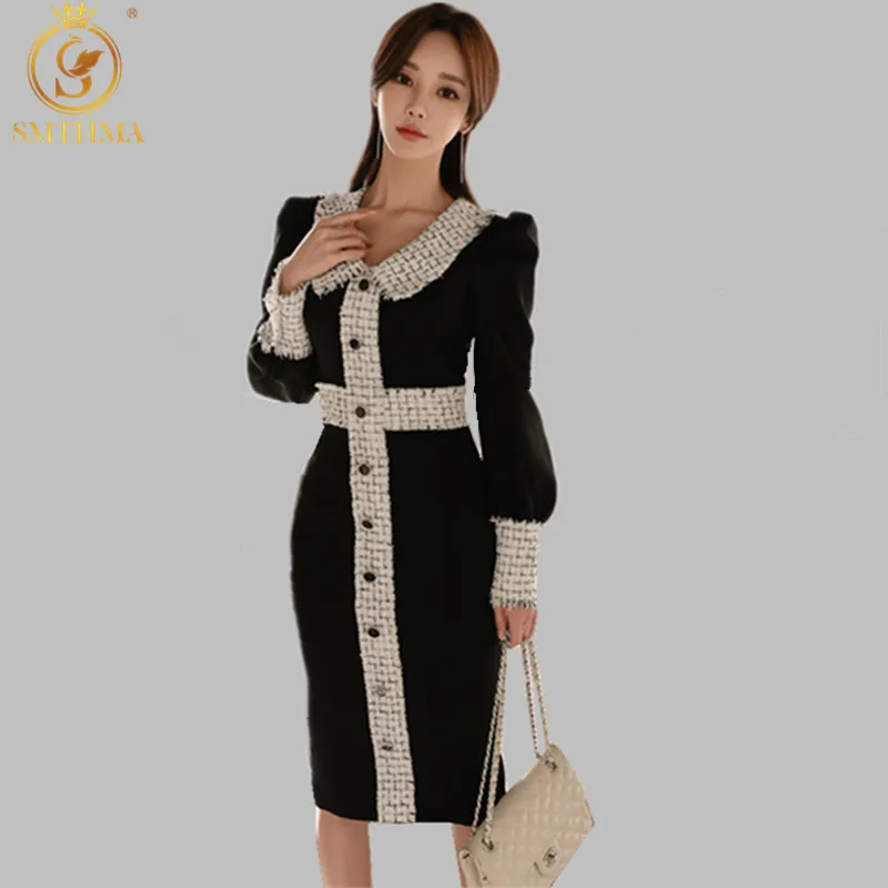 Fashion élégante corée robe femmes automne hiver vintage bureau dames tweed robe de laine vestidos 210520