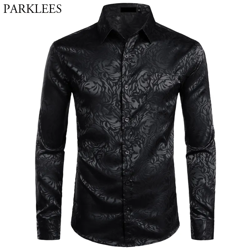 Stylish Men's Floral Black Steampunk Dress Shirt - Long Sleeve for Party, Club, Bar, and Social halloween events near me (210410)