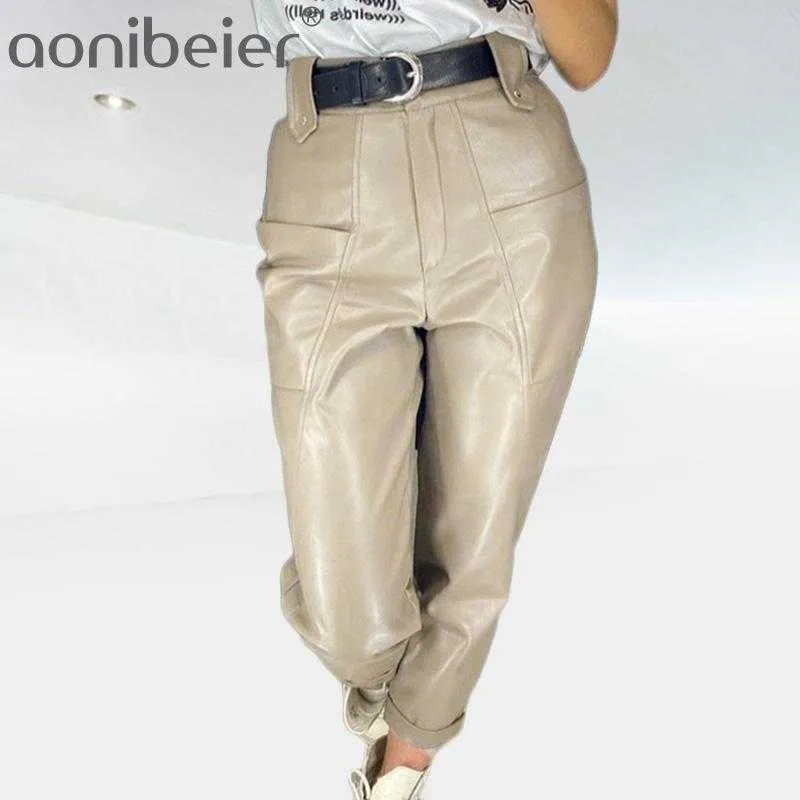 Faux Leather Spodnie Spodni Kobiety Kieszenie Stożkowe Cargo Jesień Casual Streetwear Kobieta Klub Vintage Pantalones 210604