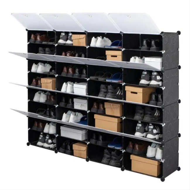 Equipamento de processamento de alimentos 8 camadas portátil 64 pares organizador de rack de sapato 32 grades torre prateleira de armazenamento gabinete suporte expansível para saltos, botas, chinelos Preto