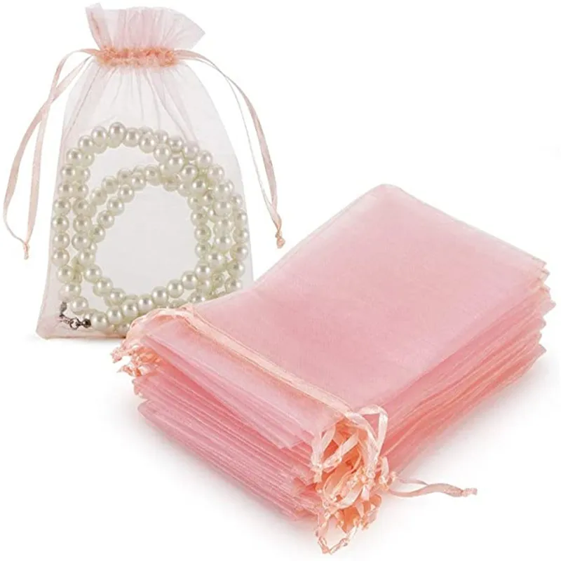 100 sztuk / partia Torba Biżuteria Prezent Ślubny Torby Organza Z Sznurków Packaging Torebki na Boże Narodzenie Baby Shower Festival