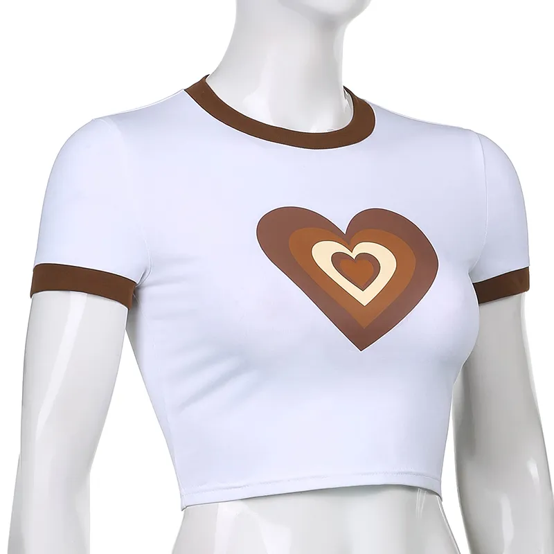 ★ILLIGO★ Heart Lace Fitted Crop T-Shirt White Harajuku Heart Print Y2K Crop T Shirt Kawaii Short Sleeve